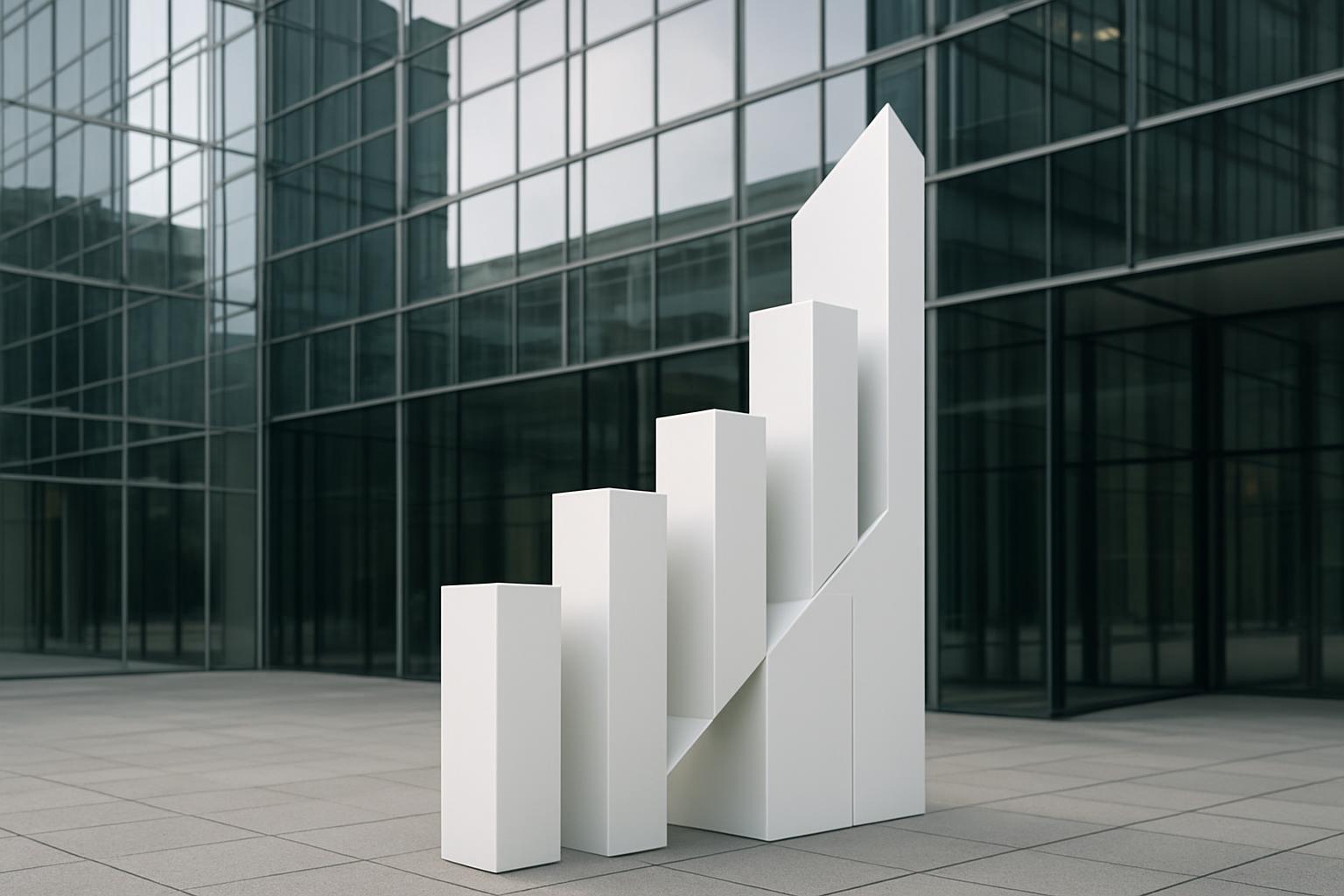 A white, stylized 3D bar graph sits on a square-tiled floor outside an office building made of dark reflective glass.