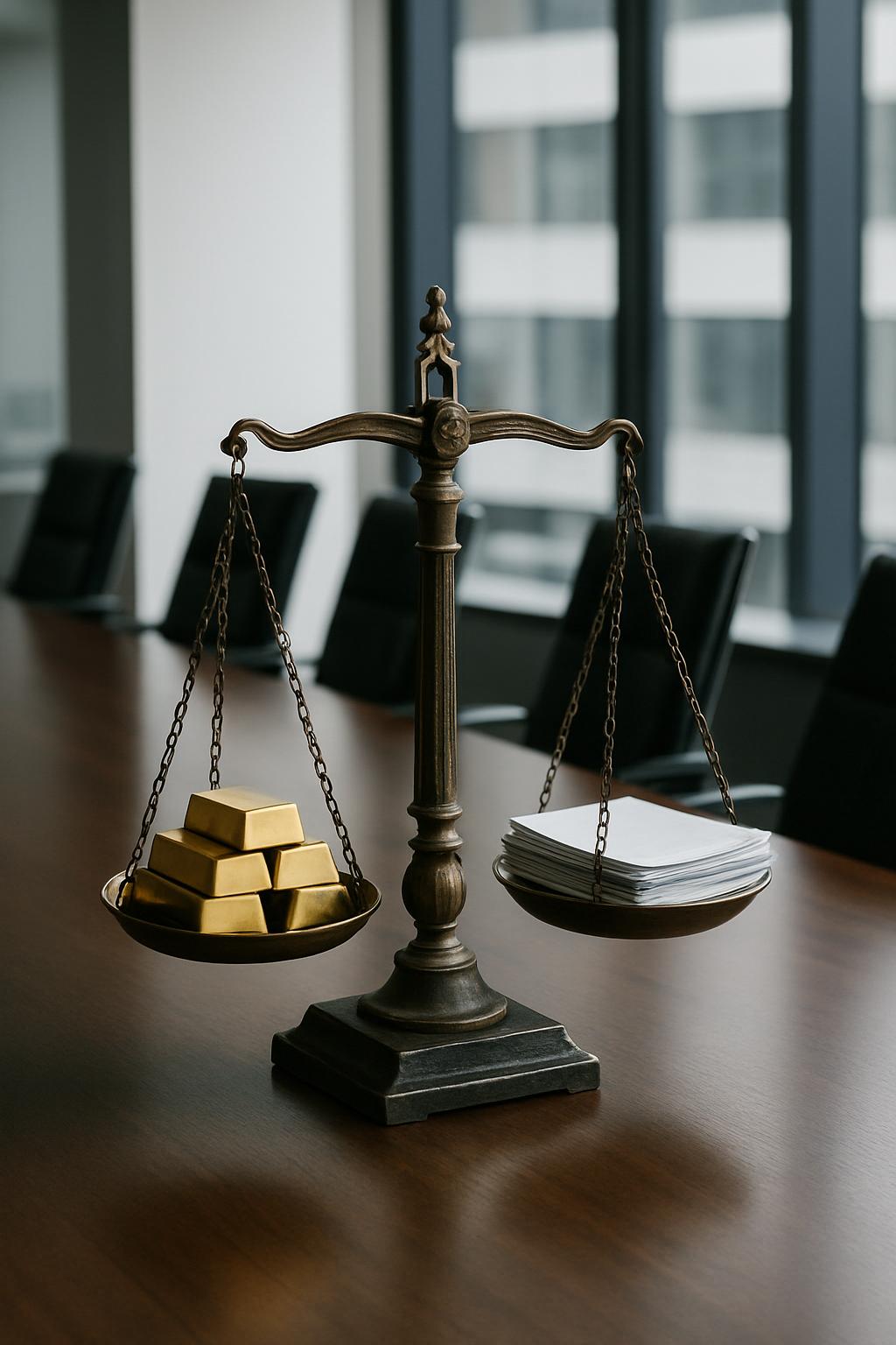 The alt text reads: Gold and paper currencies method. an antique balance scale separates a single gold bar on one side, we...