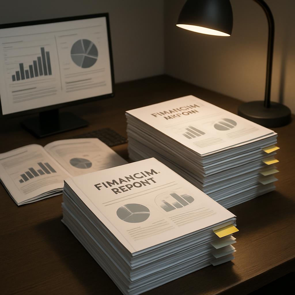 A computer monitor, a stack of papers, an unlit lamp and a notebook are displayed on a dark wooden desk.
