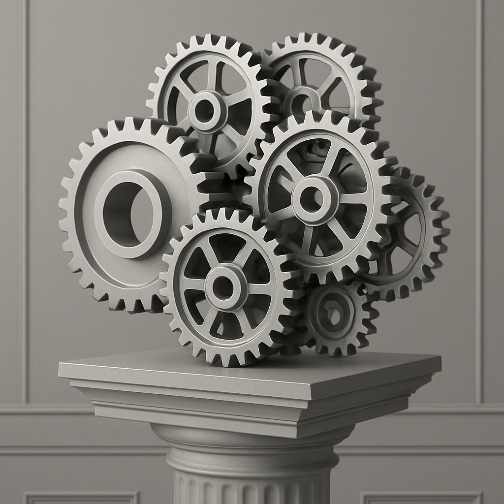 Black and white of a sculpture of interlocking gears.