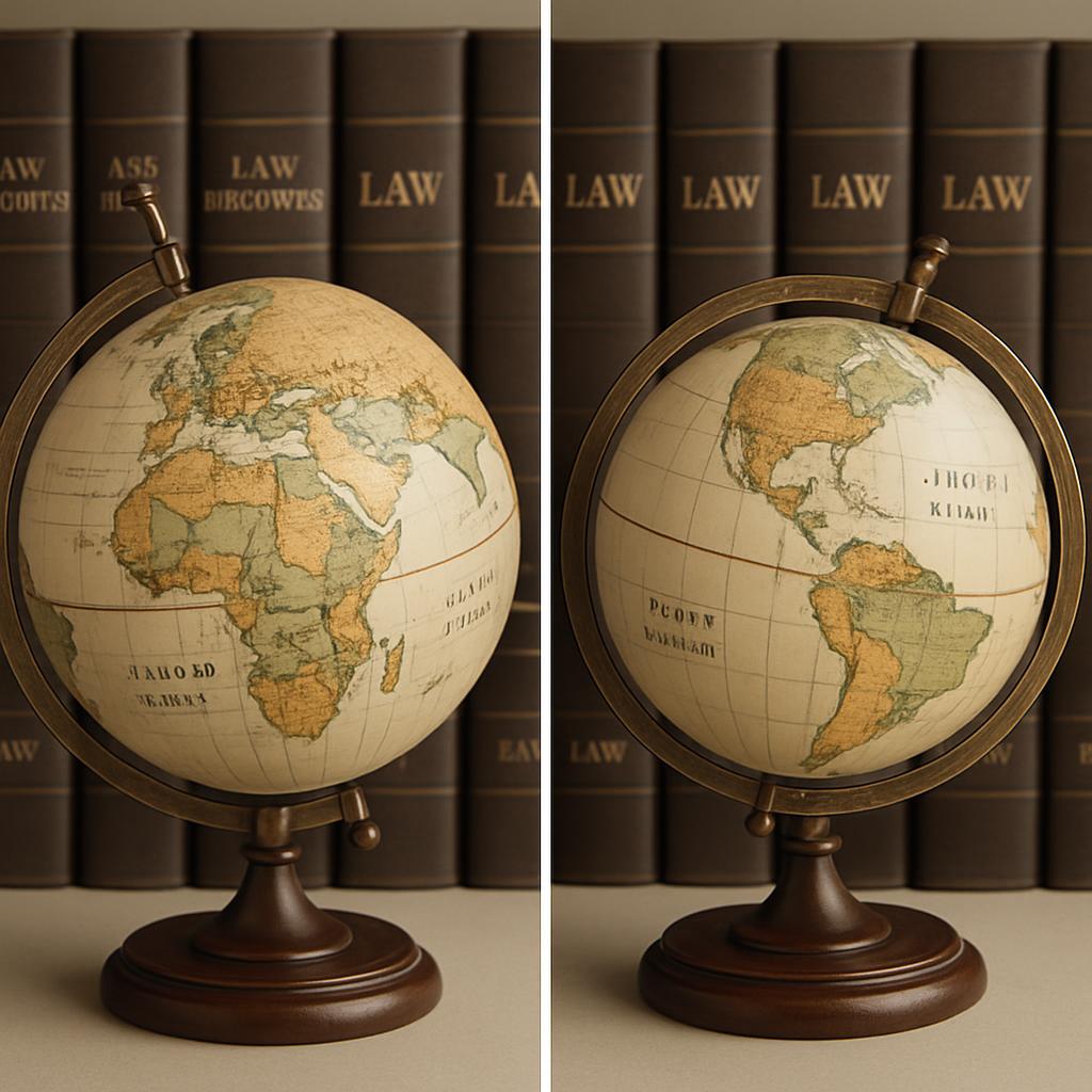 A globe in the style of antique geography references from behind a row of old law books.