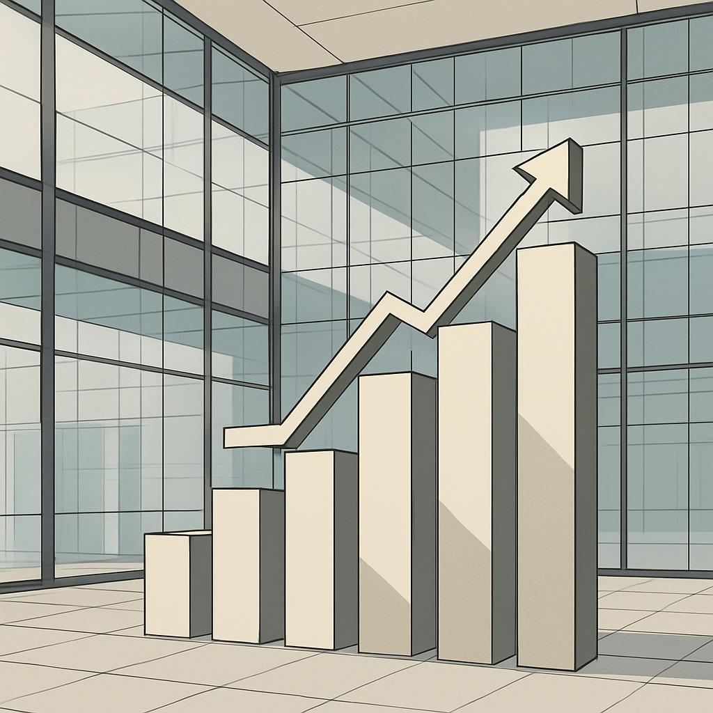 A bar graph with a large arrow showing an upward trend.