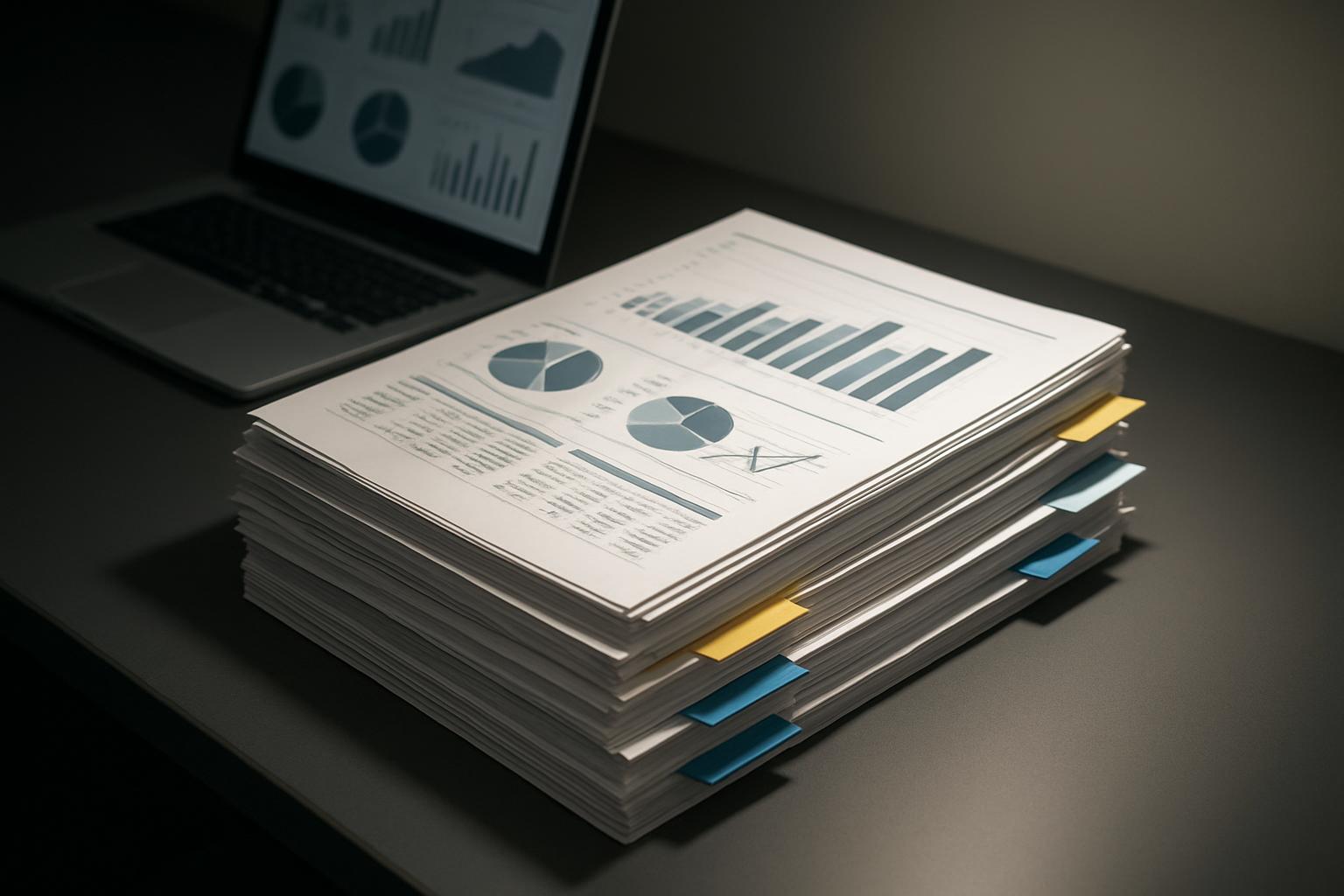 A stack of papers with bar graphs and pie charts on a dark desk in front of an open laptop.