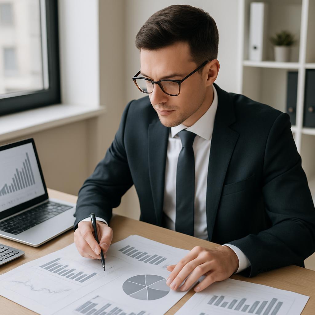 A businessman in a dark suit, white shirt, and black tie sits at a desk, surrounded by two documents featuring bar graphs ...