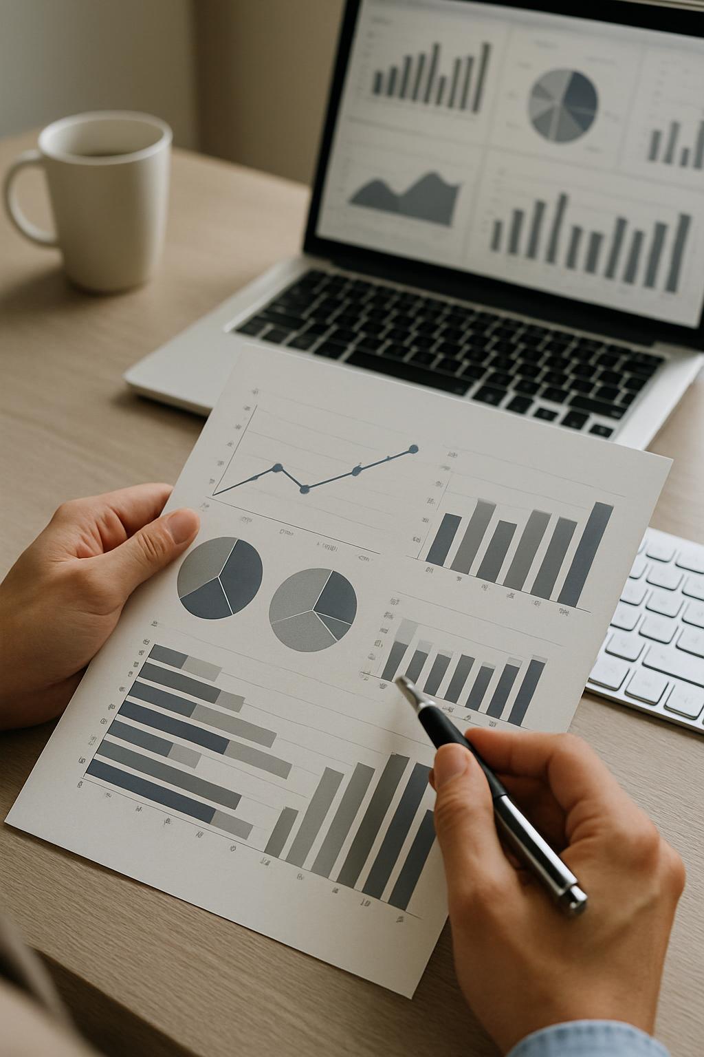 2handsprovidingadetailinformationaboutbusinesspaperchartsworkwithabackgroundoffthekeyboardandlaptop displaying various typ...