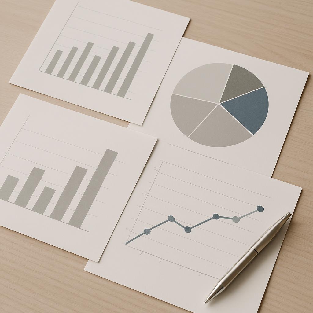 Stacked bar and pie charts displayed on unlined paper, presented with a silver pen. An accompanying graph is drawn on line...